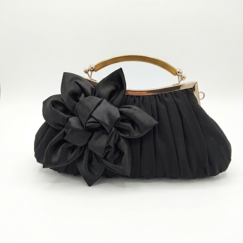Black Satin Flower Clutch with Gold Handle